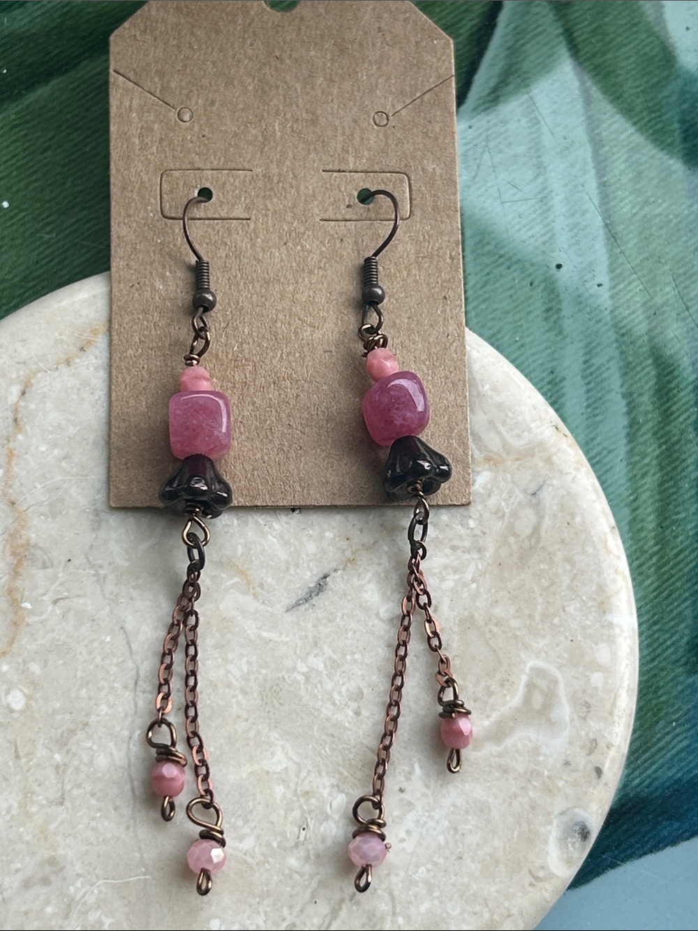Handcrafted Pink Bead Dangle Earrings
